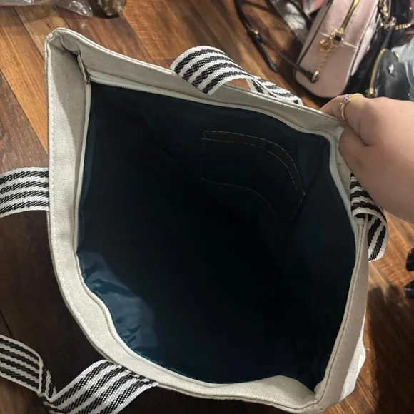 Elegant Peacock Canvas Tote Bag with Striped Handles - Picture 2 of 3